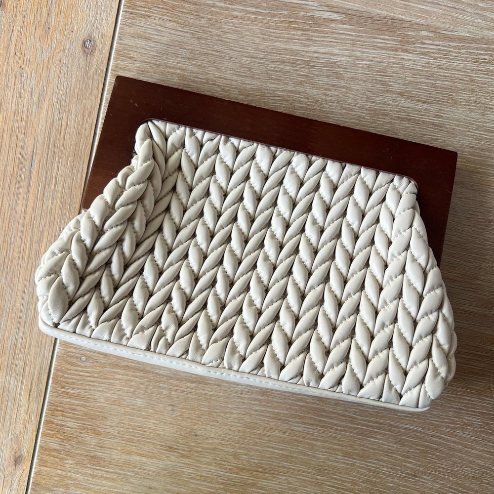 Cream Woven Clutch with Wooden Frame